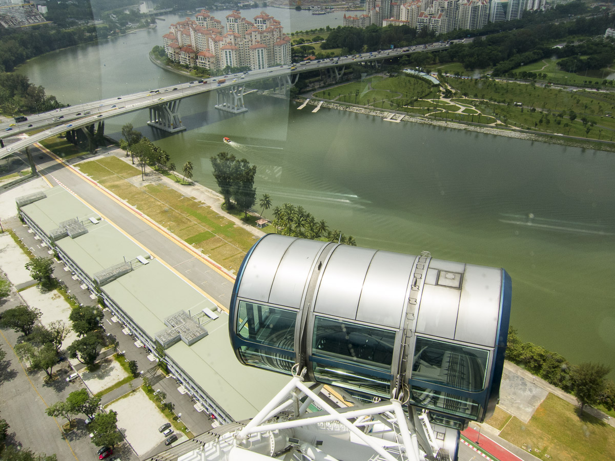 A view from the Singapore Flyer. A DUKW approaches a bridge, below.